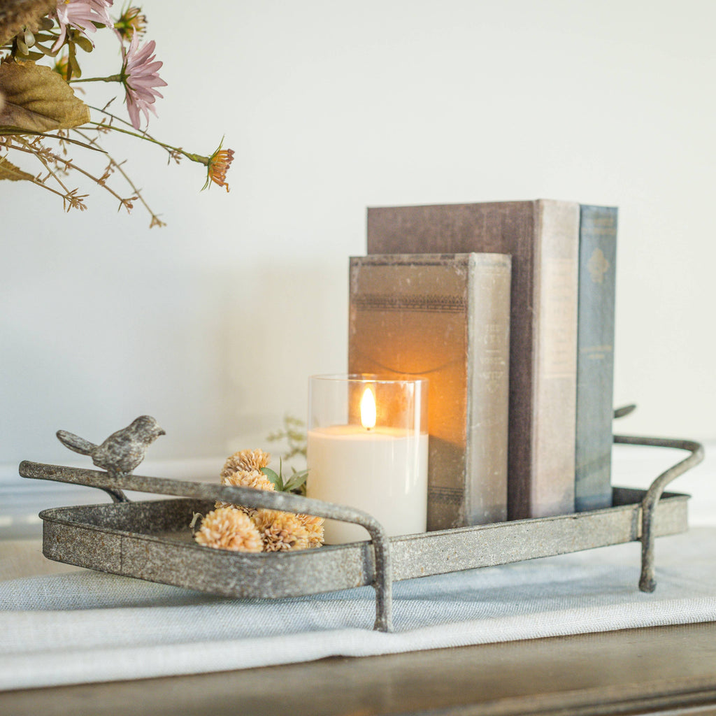 Bird‑Perch Metal Garden Tray – Spring & Hosting Décor