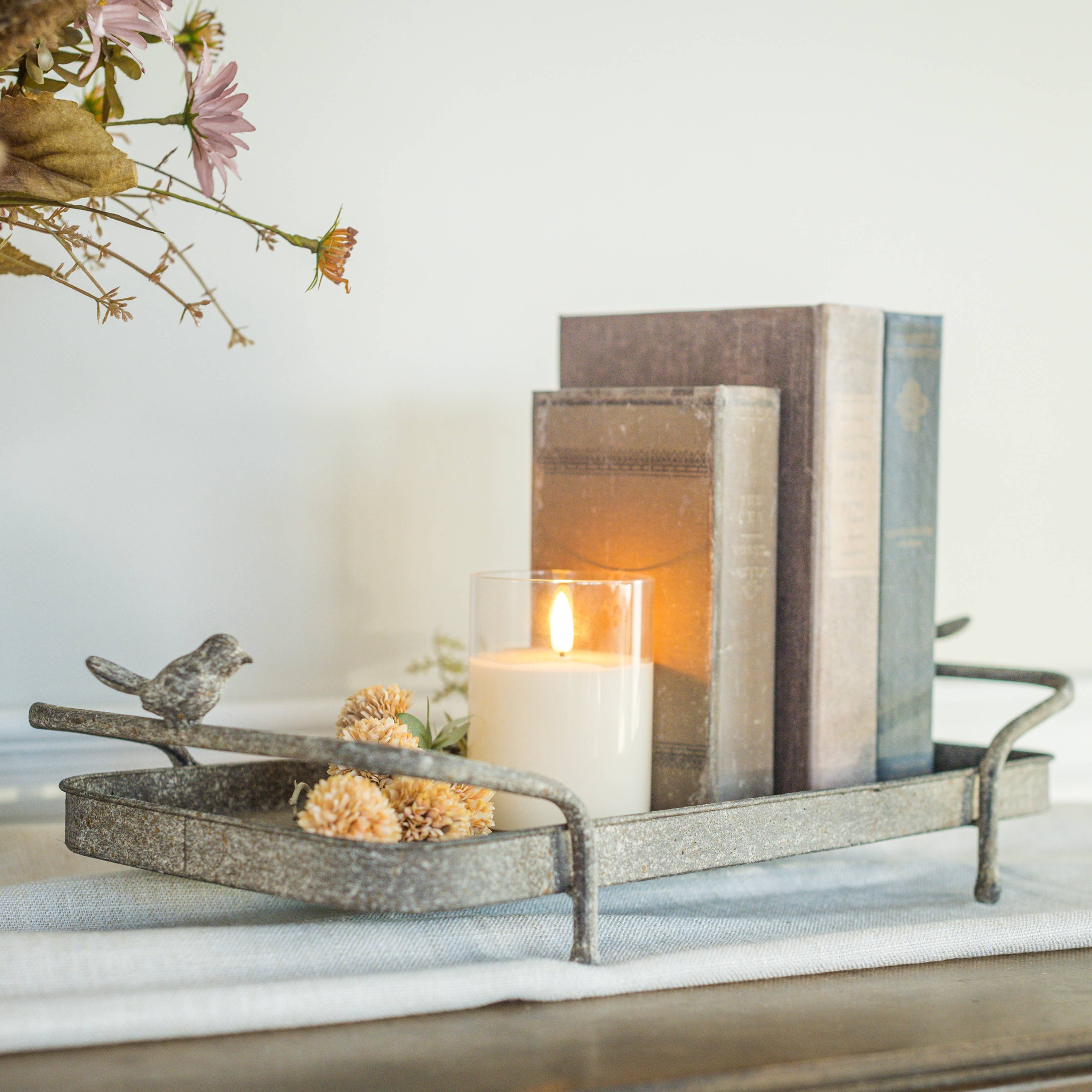 Bird‑Perch Metal Garden Tray – Spring & Hosting Décor