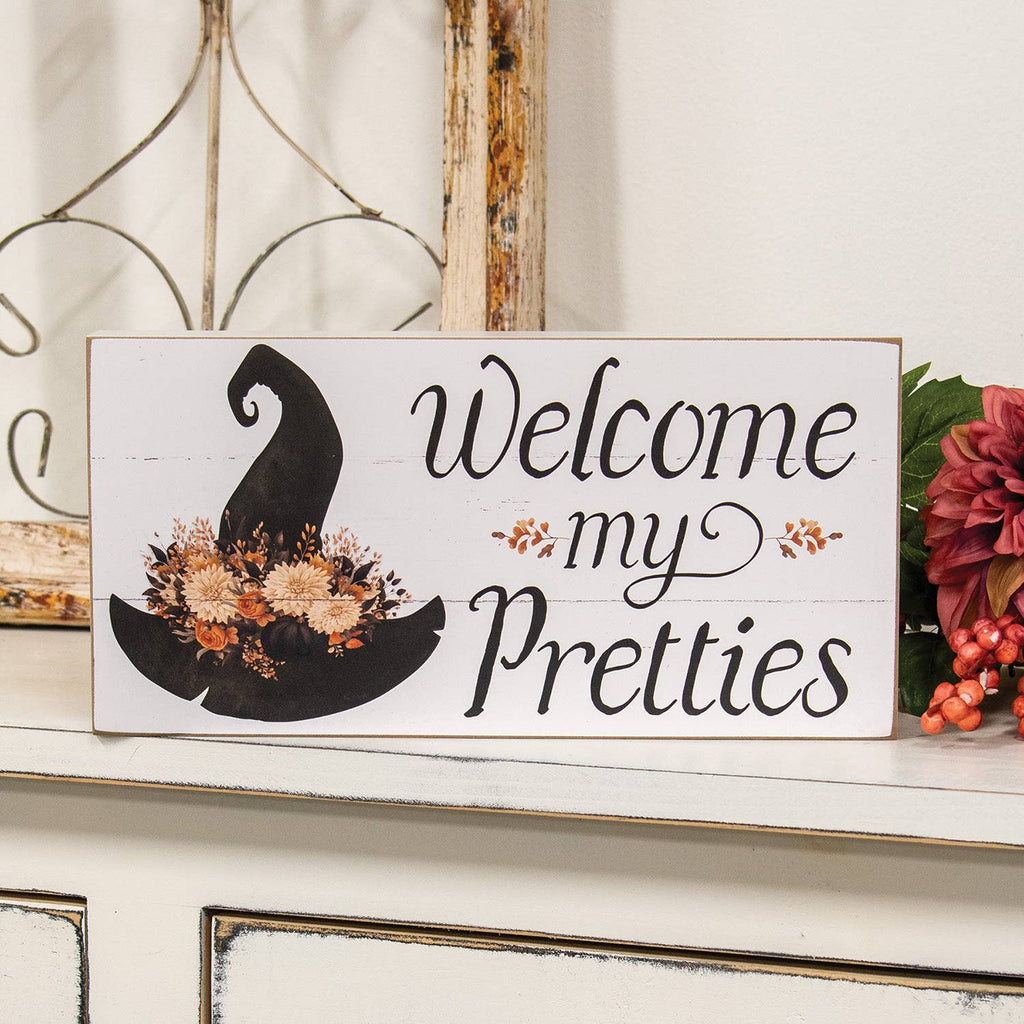 Welcome My Pretties Autumn Floral Witch Hat Box Sign🍂