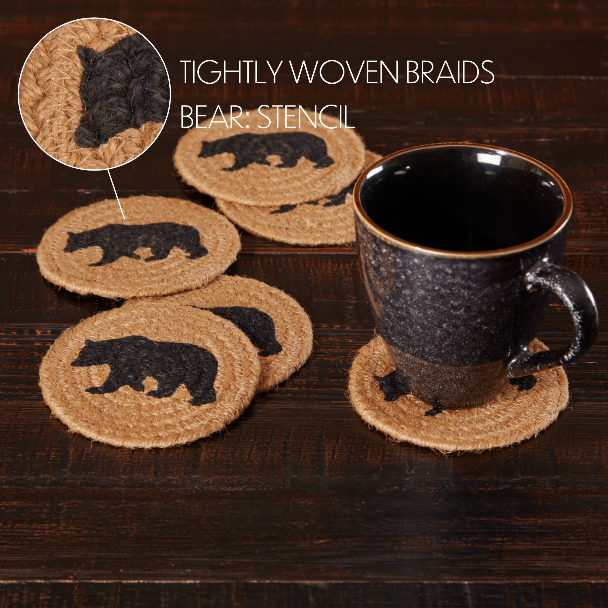 Wyatt Stenciled Bear Jute Coaster Set – Rustic Cabin Coasters (Set of 6) 🐻