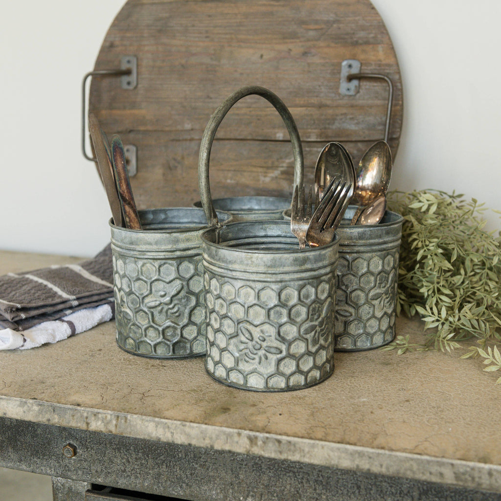 Honeycomb Bee Caddy – Rustic Four‑Bucket Organizer for Home & Garden