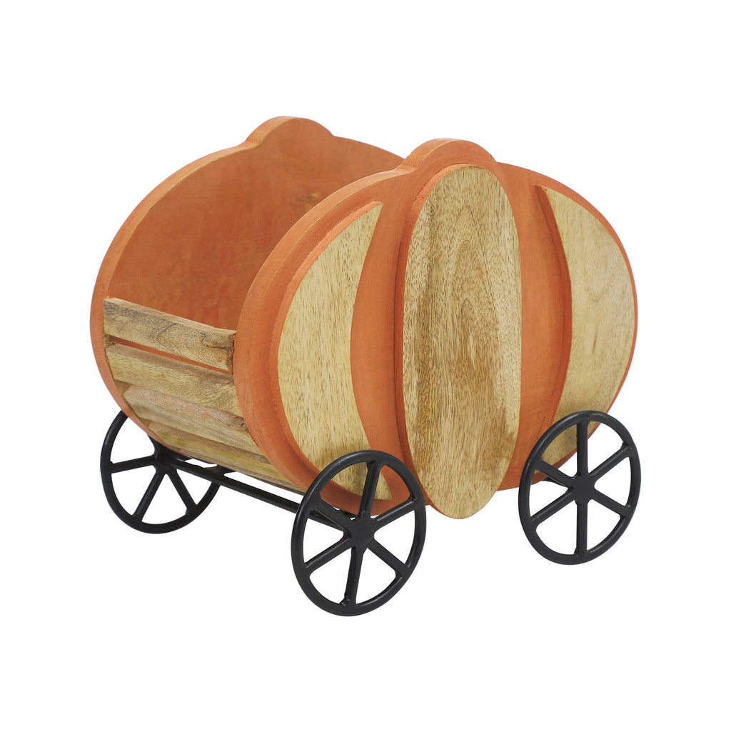 Cottage‑Core Wooden Pumpkin Carriage with Iron Wheels – Farmhouse Fall  Décor 11" 🍂