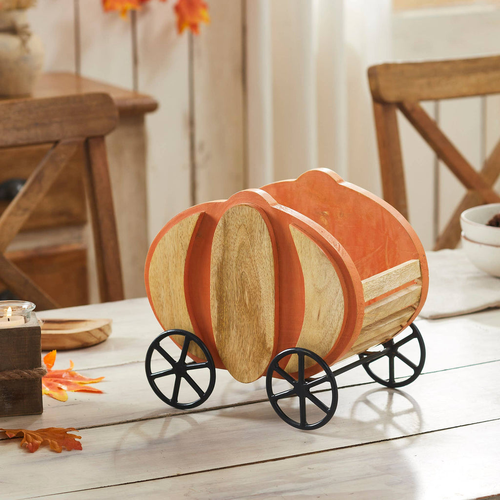 Cottage‑Core Wooden Pumpkin Carriage with Iron Wheels – Farmhouse Fall  Décor 11" 🍂