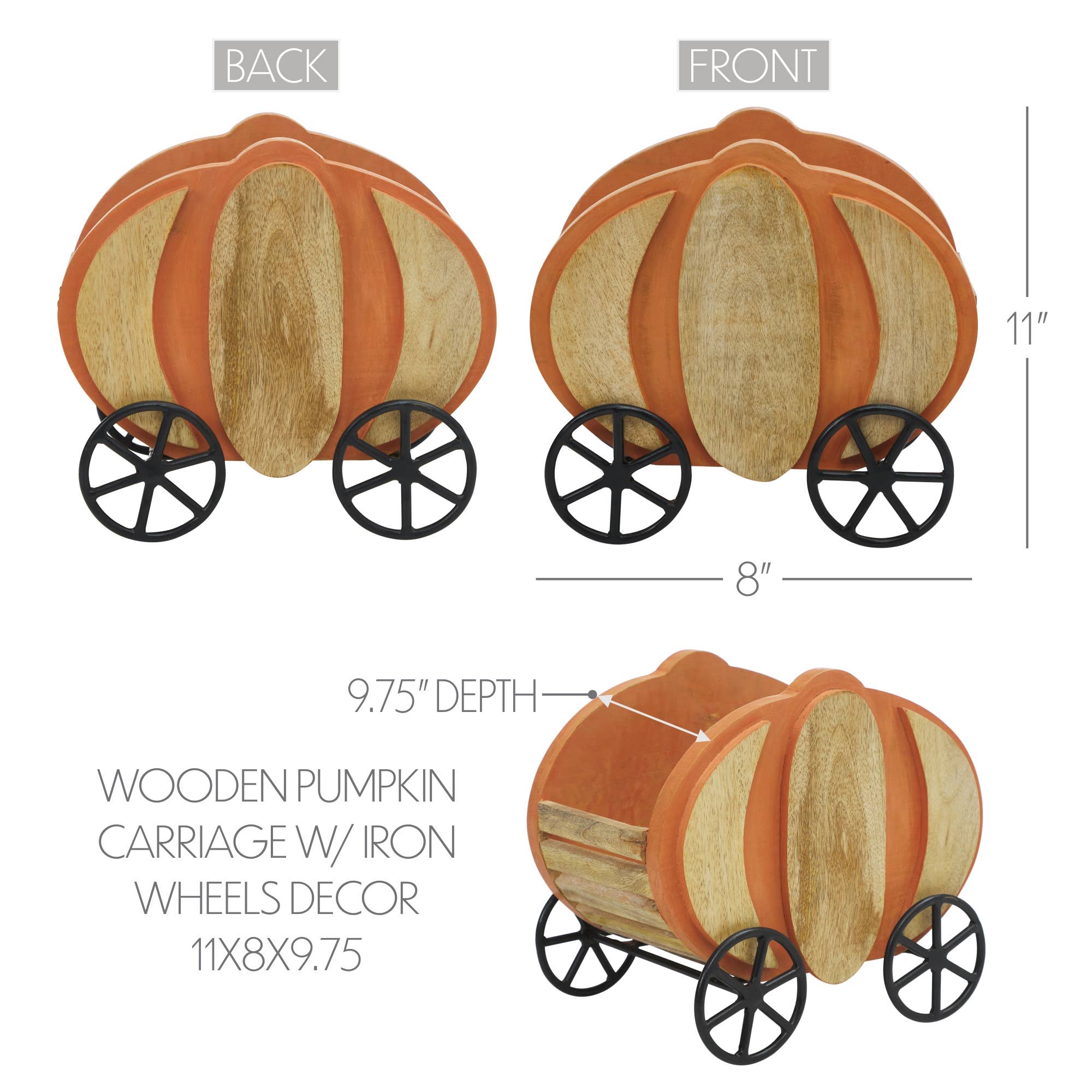 Cottage‑Core Wooden Pumpkin Carriage with Iron Wheels – Farmhouse Fall  Décor 11" 🍂
