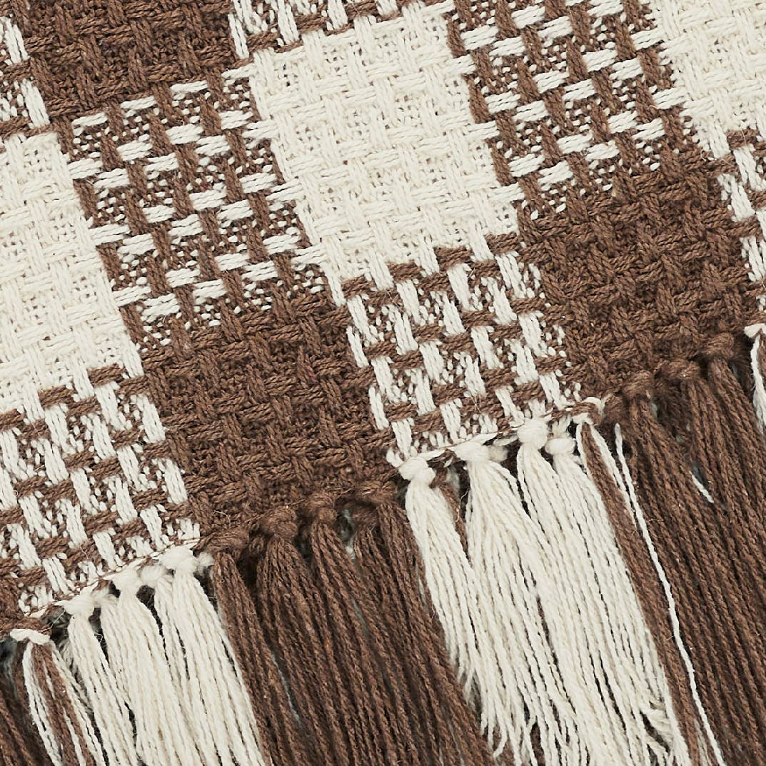 NEW — Cocoa Brown Woven Check Throw Blanket with Fringe – 50x60