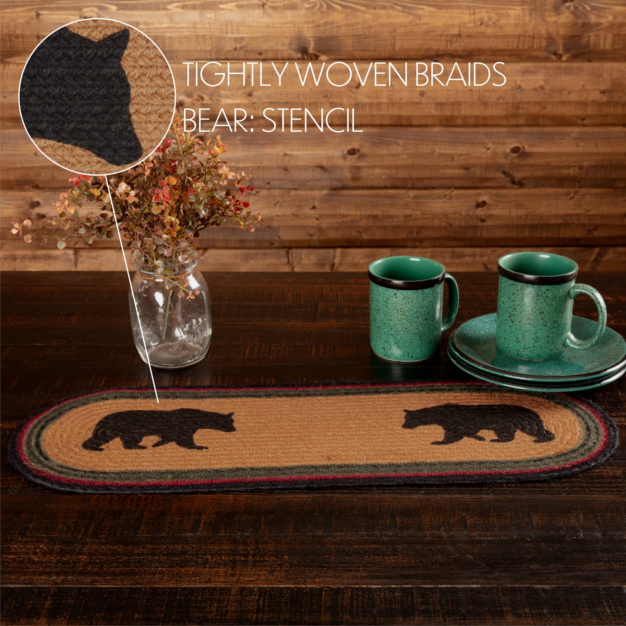 Wyatt Bear Jute Table Runner – Rustic Cabin Braided Runner 8x24 🐻