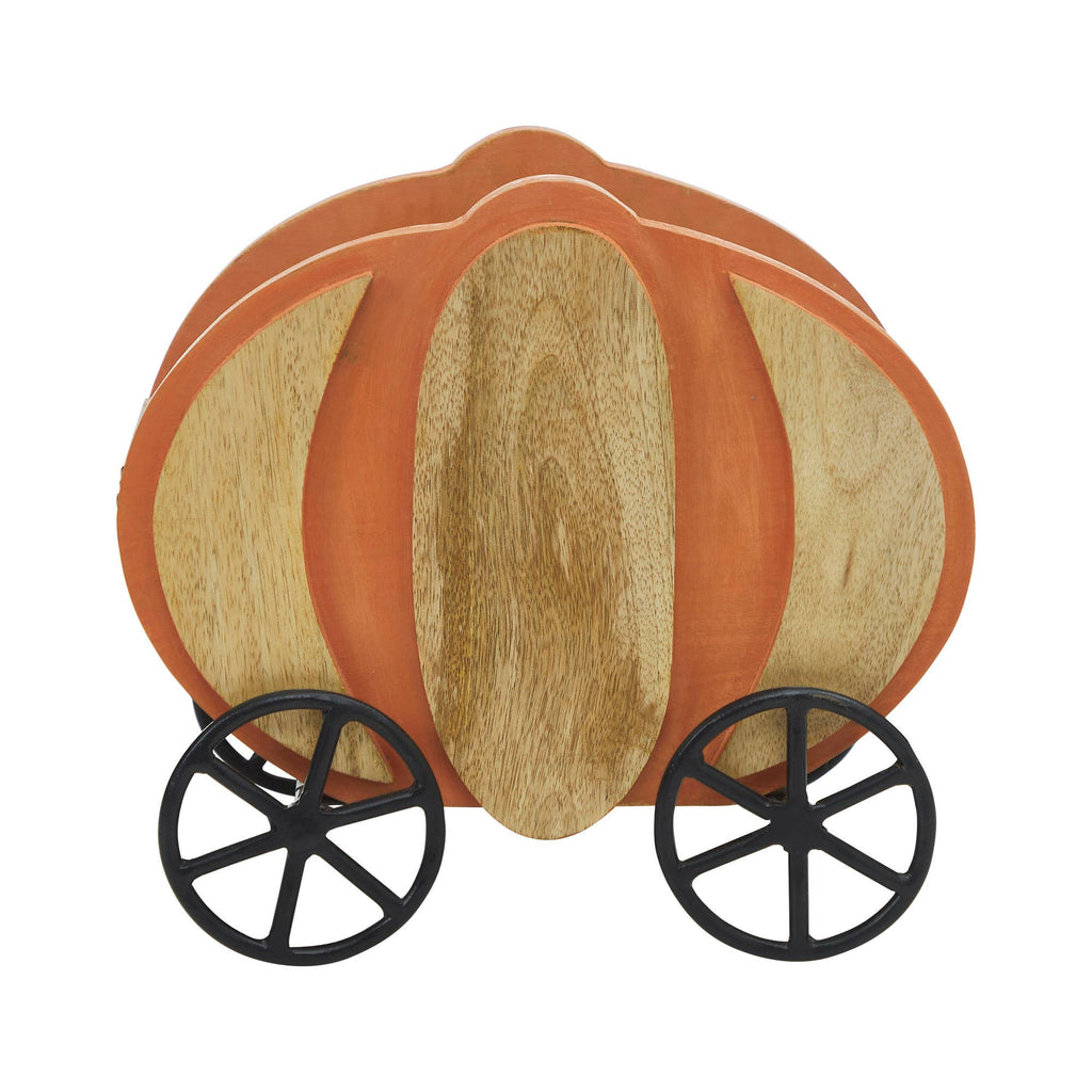 Cottage‑Core Wooden Pumpkin Carriage with Iron Wheels – Farmhouse Fall  Décor 11" 🍂