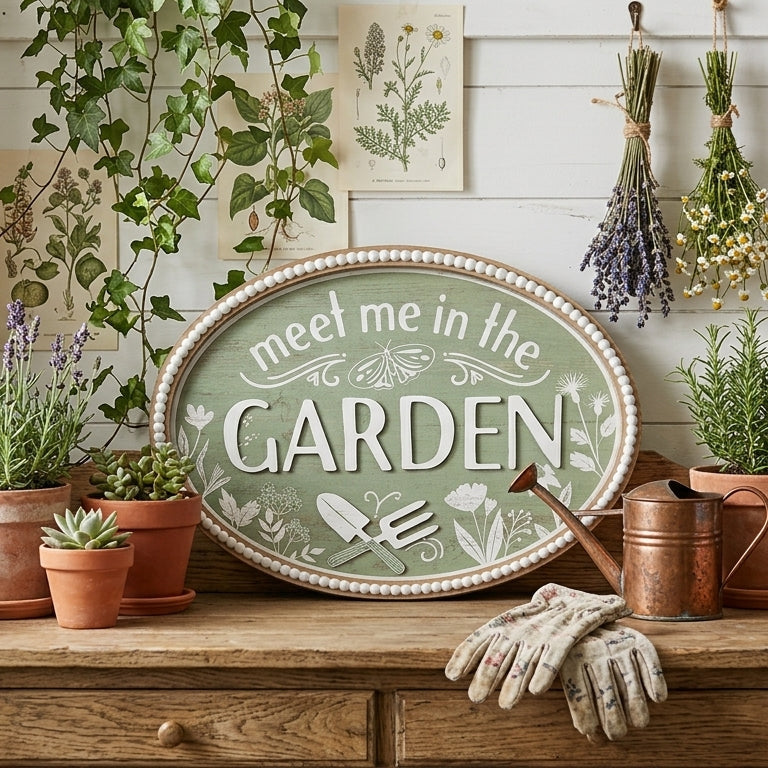 Meet Me in the Garden Oval Wood Sign – Rustic Spring Wall Décor
