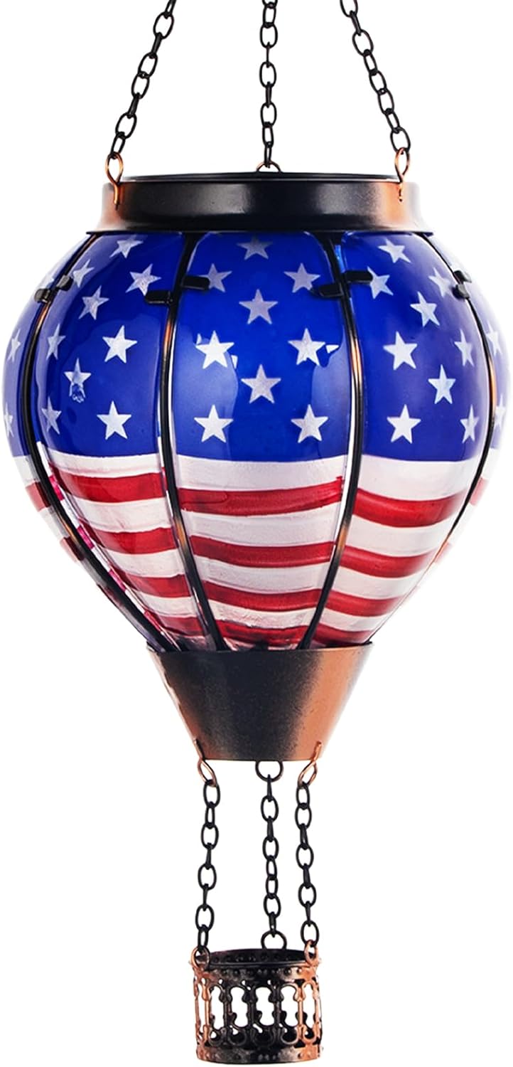 BESTSELLER! ❤️🤍💙Solar Hot Air Balloon Lantern – American Flag | Outdoor Patriotic Solar Light