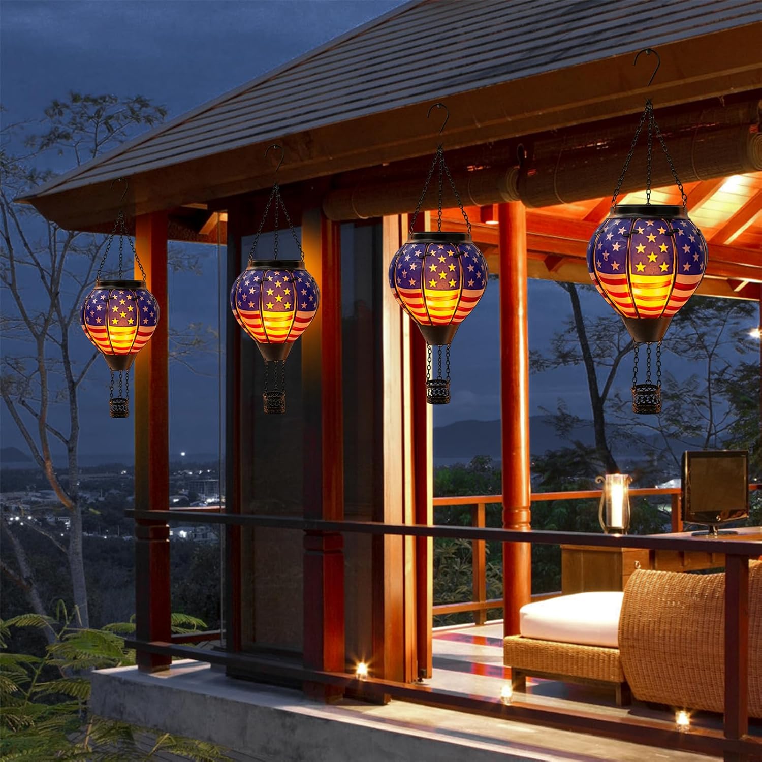 BESTSELLER! ❤️🤍💙Solar Hot Air Balloon Lantern – American Flag | Outdoor Patriotic Solar Light