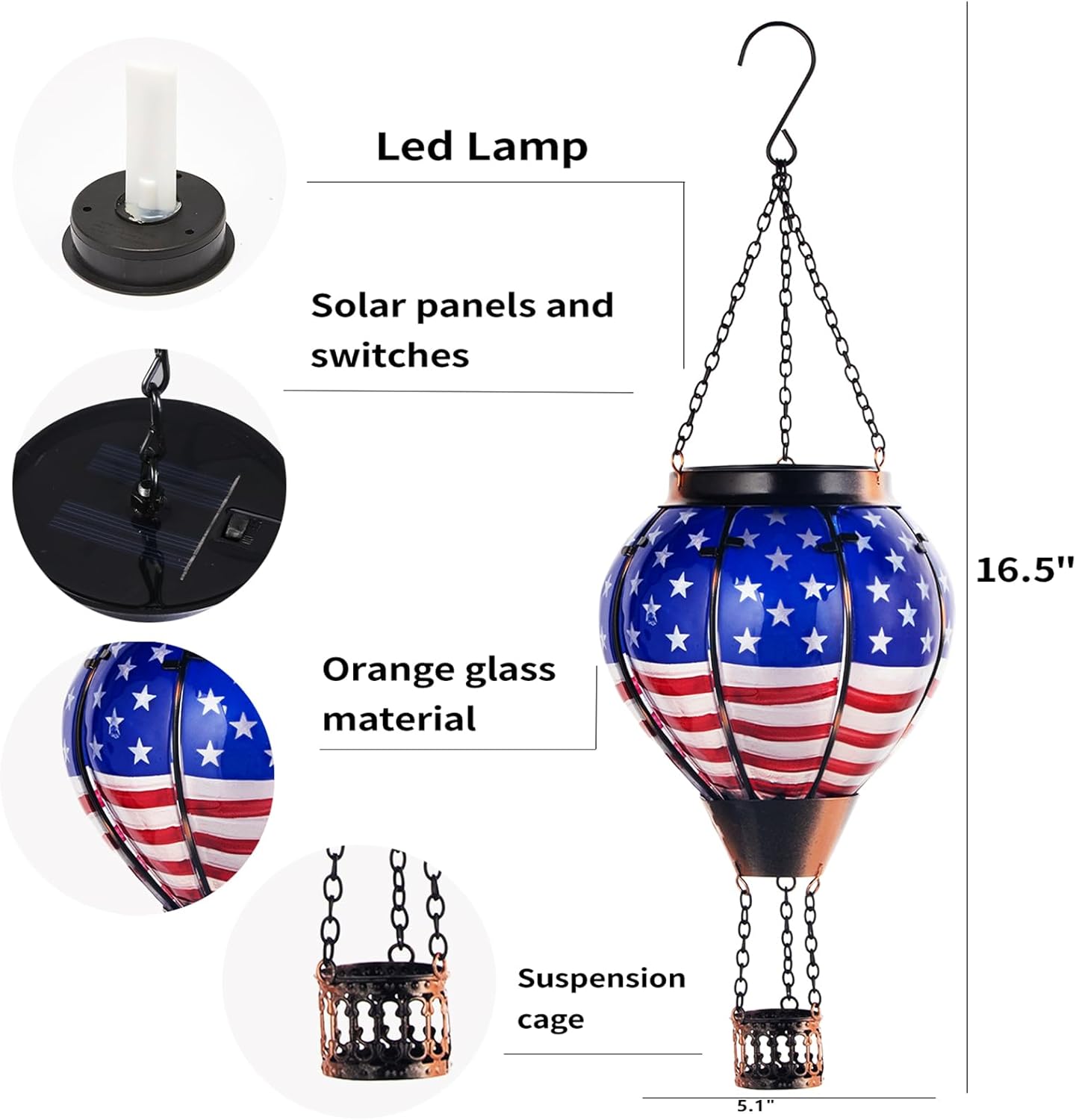 BESTSELLER! ❤️🤍💙Solar Hot Air Balloon Lantern – American Flag | Outdoor Patriotic Solar Light