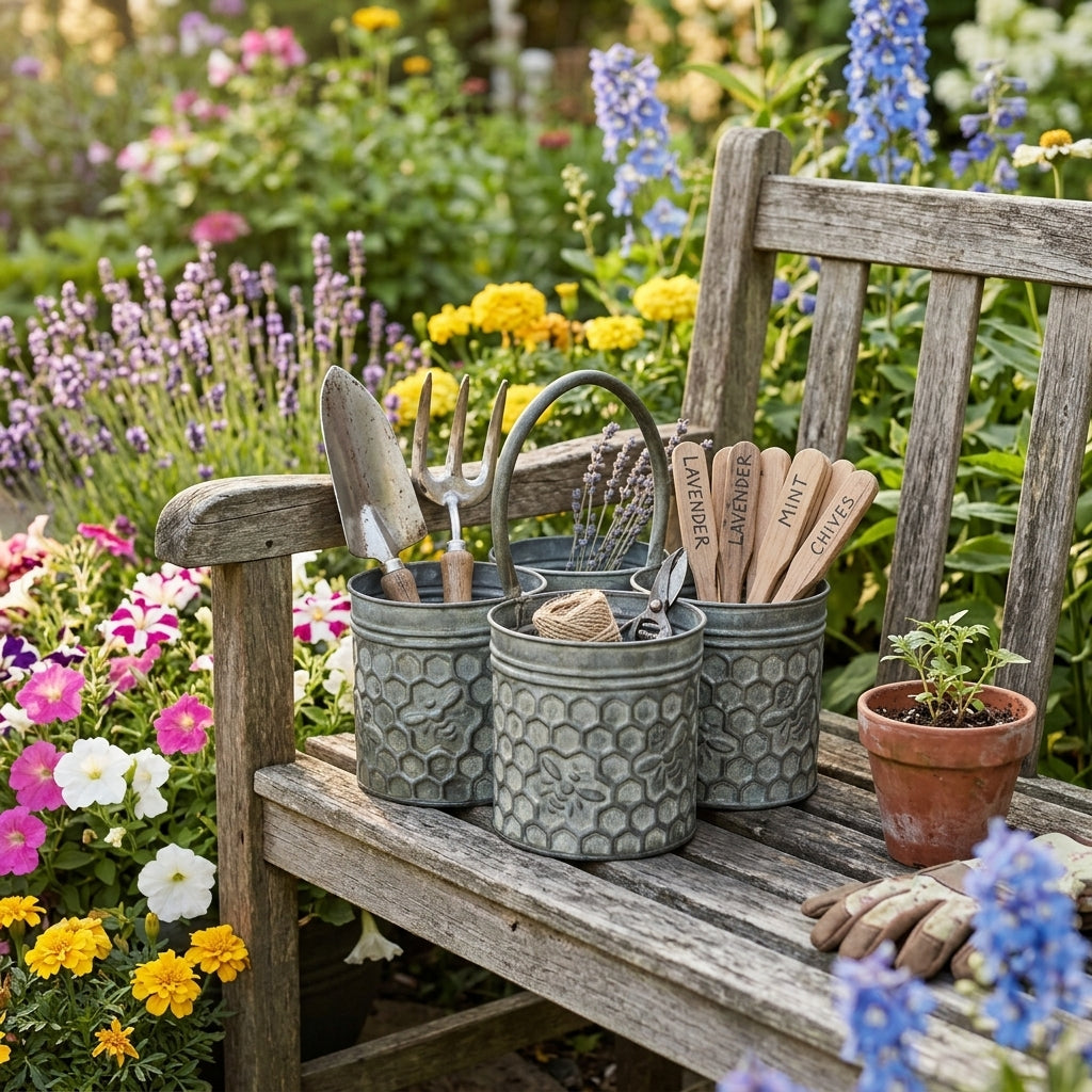 Honeycomb Bee Caddy – Rustic Four‑Bucket Organizer for Home & Garden