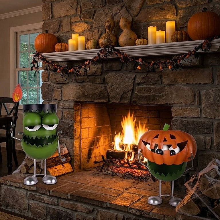 NEW DUO SET🎃🧟 Frank‑n‑Torch & Pumpkin Monster Porch Sitter Duo – Handcrafted Metal Halloween Set
