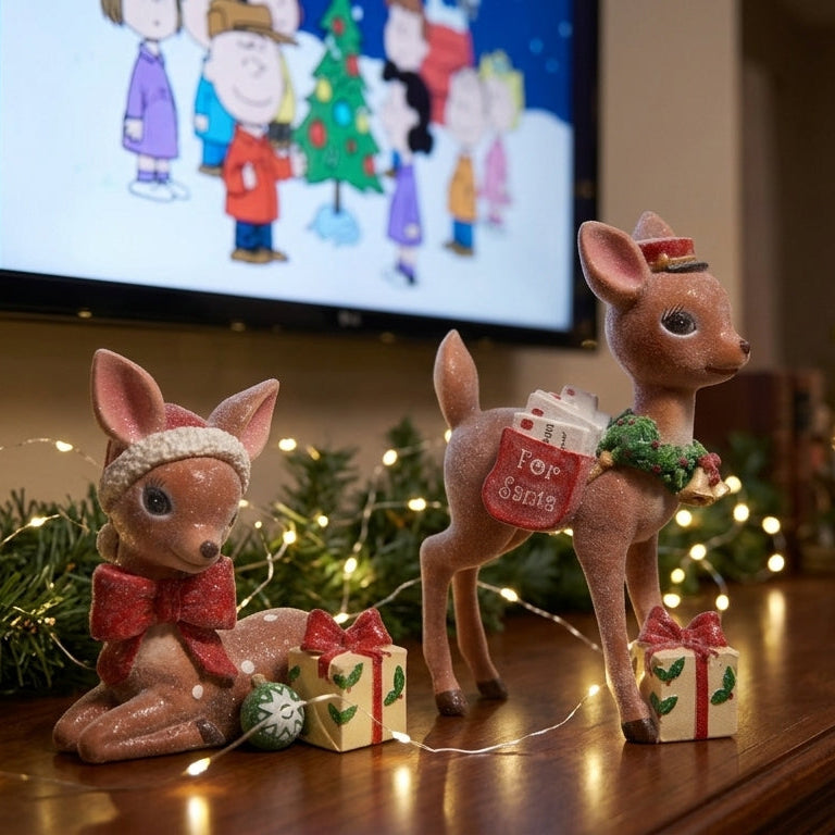 NEW - Vintage Christmas Reindeer Duo – Sparkly Nostalgic Holiday Set of 2