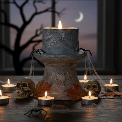 3" Spider Web Embossed 3D Flame Candle – 6‑Hour Timer Halloween Decor