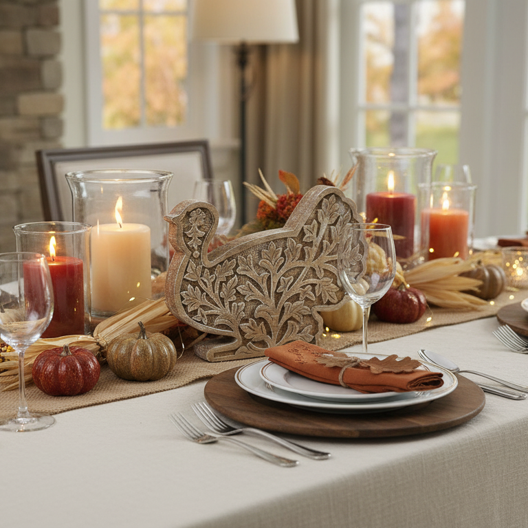 🍂 Autumn Harvest Carved Wooden Turkey Centerpiece