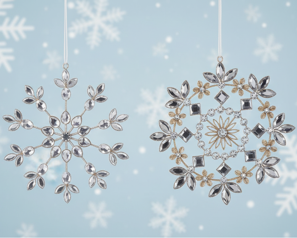 ❄️ Clear Jeweled Snowflake Ornament Set – 2 Assorted- AVAILABLE JULY 2026