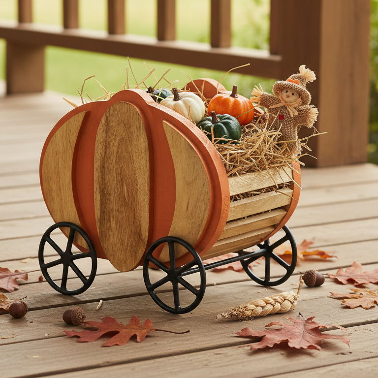 Cottage‑Core Wooden Pumpkin Carriage with Iron Wheels – Farmhouse Fall  Décor 11" 🍂