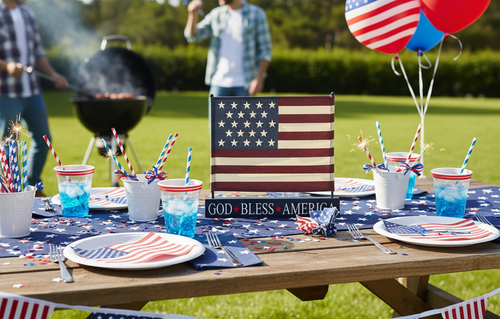 Canvas American Flag on Blue GBA MDF Base Decor 12x14x1
