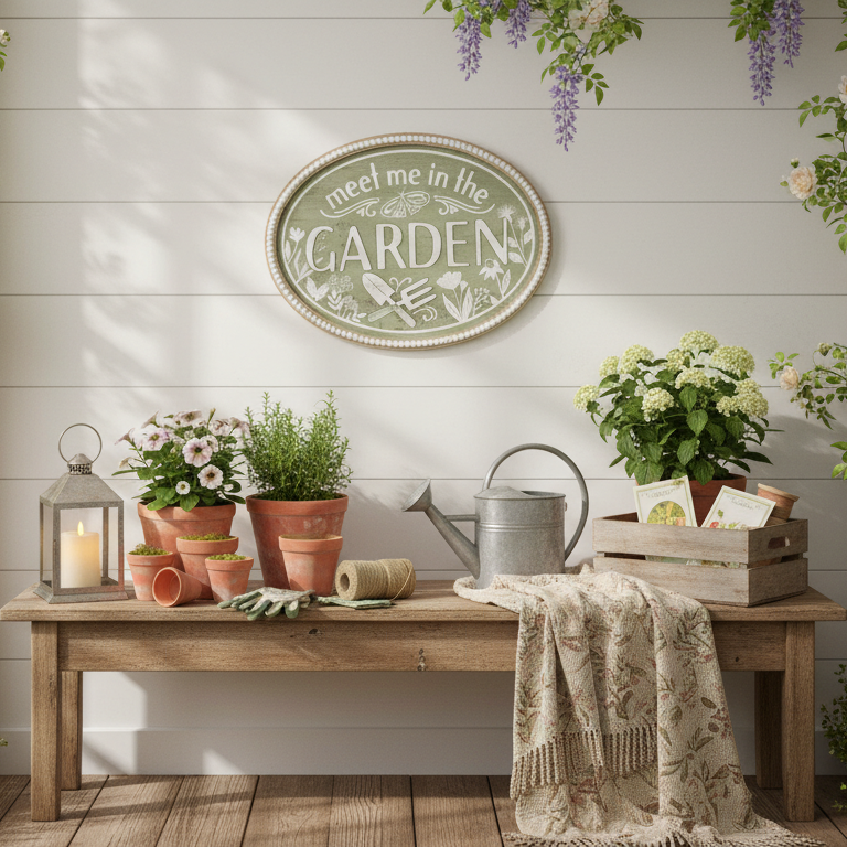 Meet Me in the Garden Oval Wood Sign – Rustic Spring Wall Décor