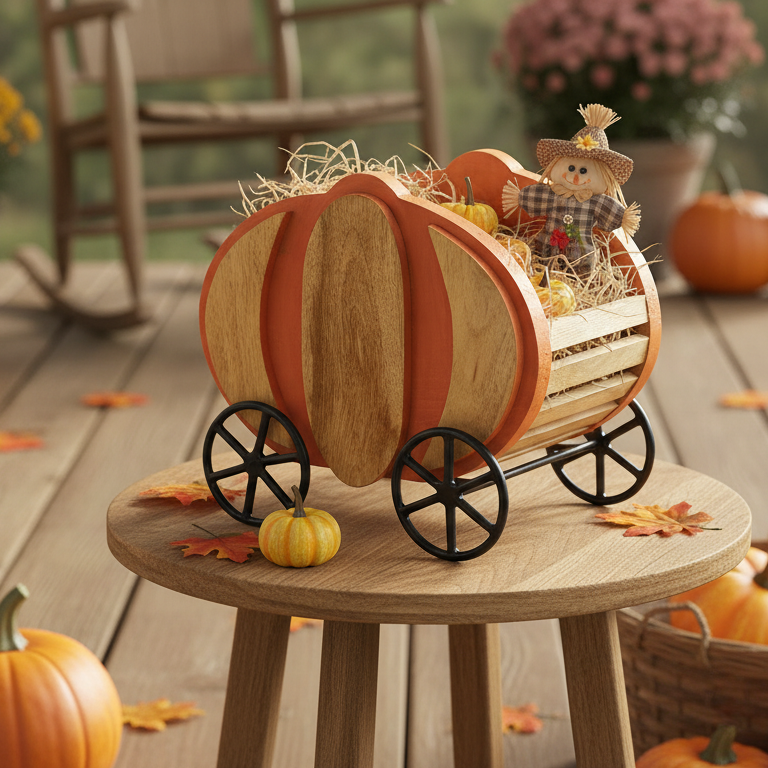 Cottage‑Core Wooden Pumpkin Carriage with Iron Wheels – Farmhouse Fall  Décor 11" 🍂