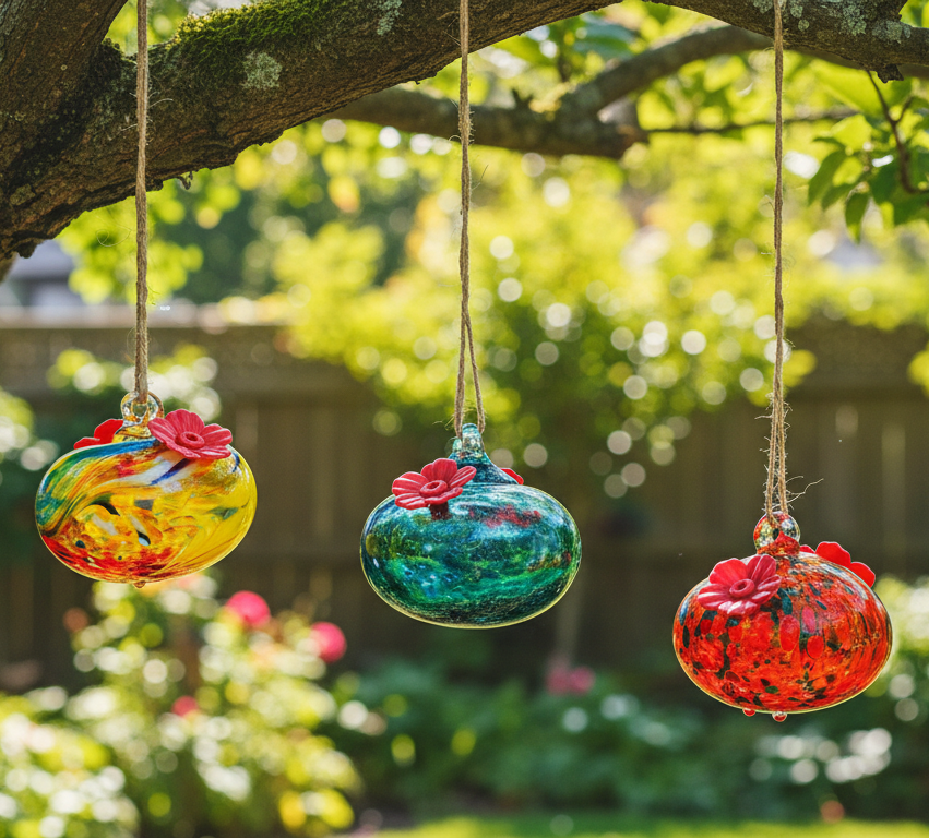 NEW ITEM - Set of 3 Blown Glass Hummingbird Feeders – Colorful Mini Garden Hanging Orbs