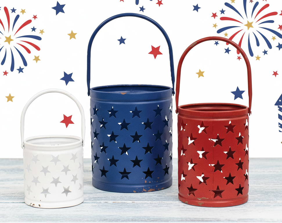 Star Punched Americana Luminaries – Patriotic Metal Lantern Set Star Punched Americana Luminaries – Patriotic Metal Lantern Set