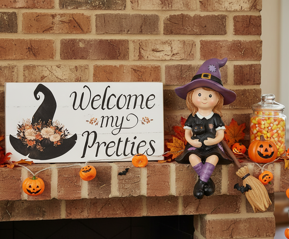 Welcome My Pretties Autumn Floral Witch Hat Box Sign🍂