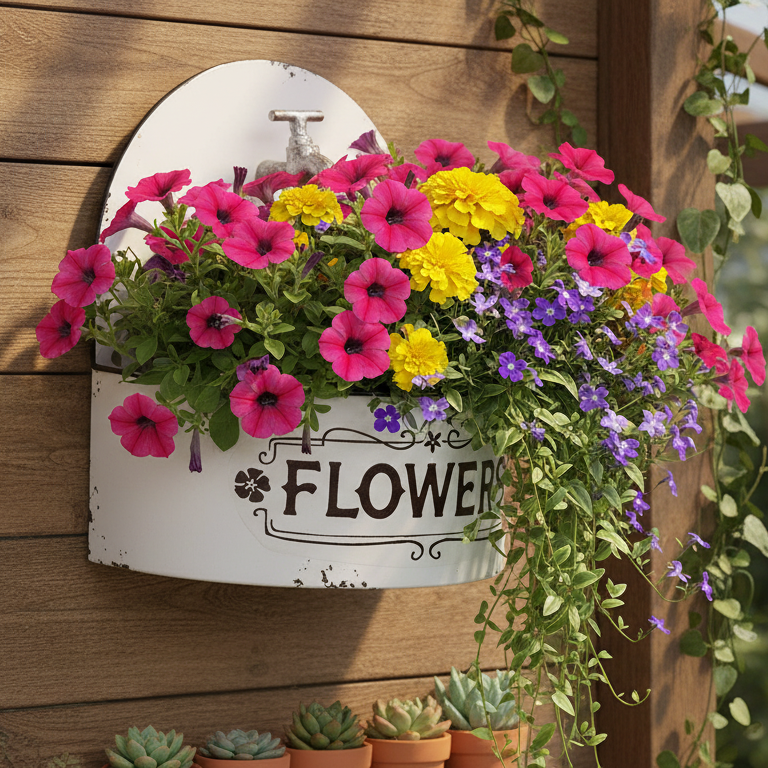 Distressed White Spigot Wall Planter – Cottage Farmhouse Floral Holder🌺