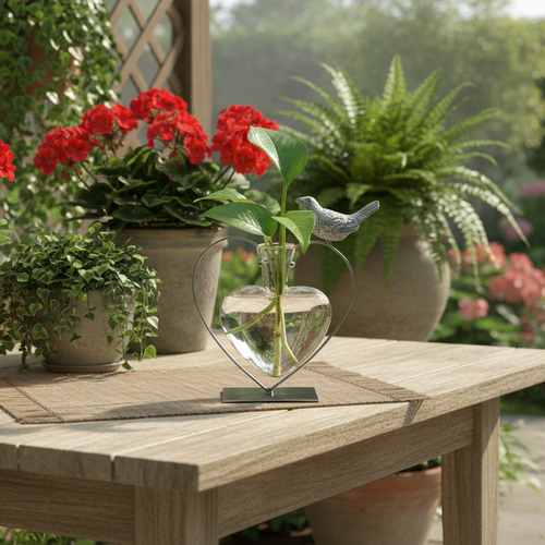 BACK IN STOCK - Heart‑Shaped Glass Vase with Bird Stand – Desktop Plant Terrarium🌻