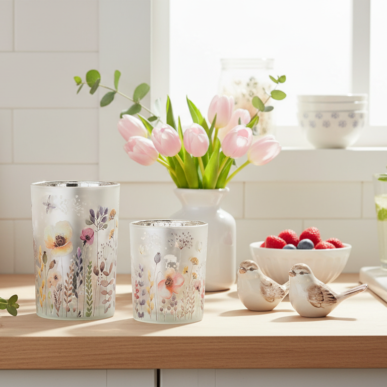Premium Floral & Butterfly Glass Candle Holder Set (Pair)