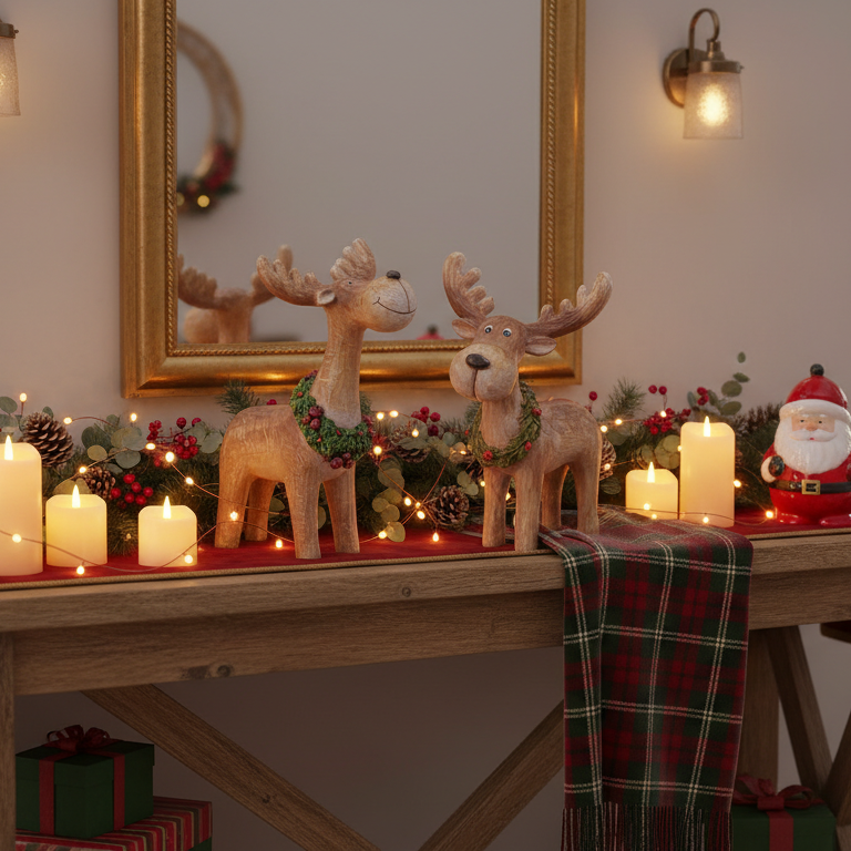NEW DUO SET🎄🦌 Reindeer With Wreath Holiday Duo – 9" & 11.5" Carved‑Look Set