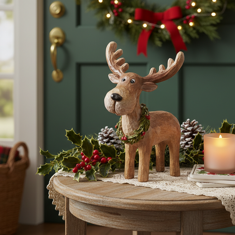 NEW DUO SET🎄🦌 Reindeer With Wreath Holiday Duo – 9" & 11.5" Carved‑Look Set