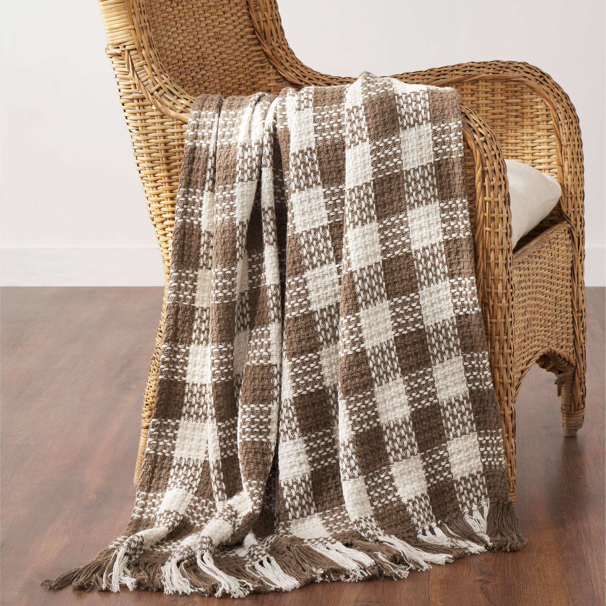 NEW — Cocoa Brown Woven Check Throw Blanket with Fringe – 50x60