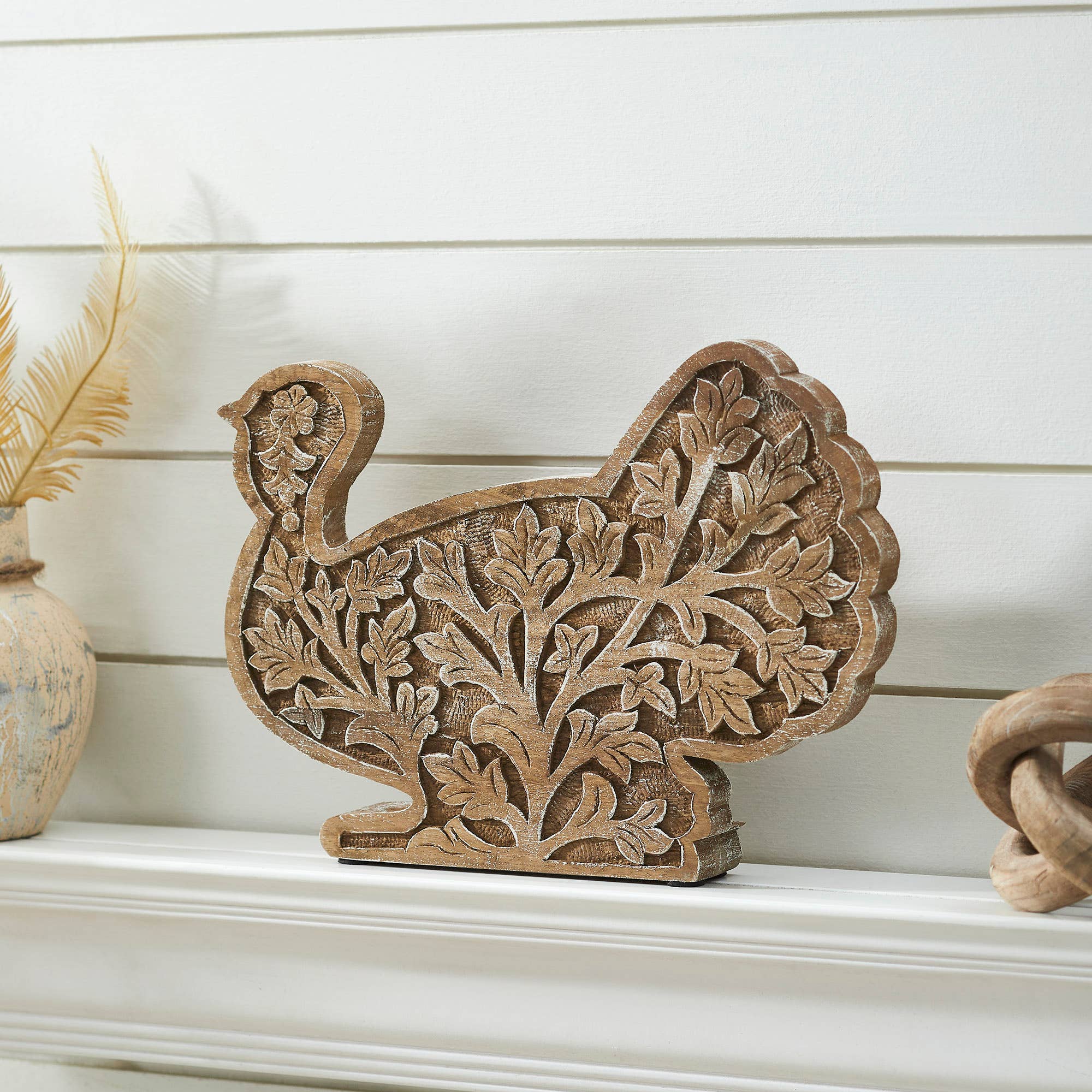 🍂 Autumn Harvest Carved Wooden Turkey Centerpiece