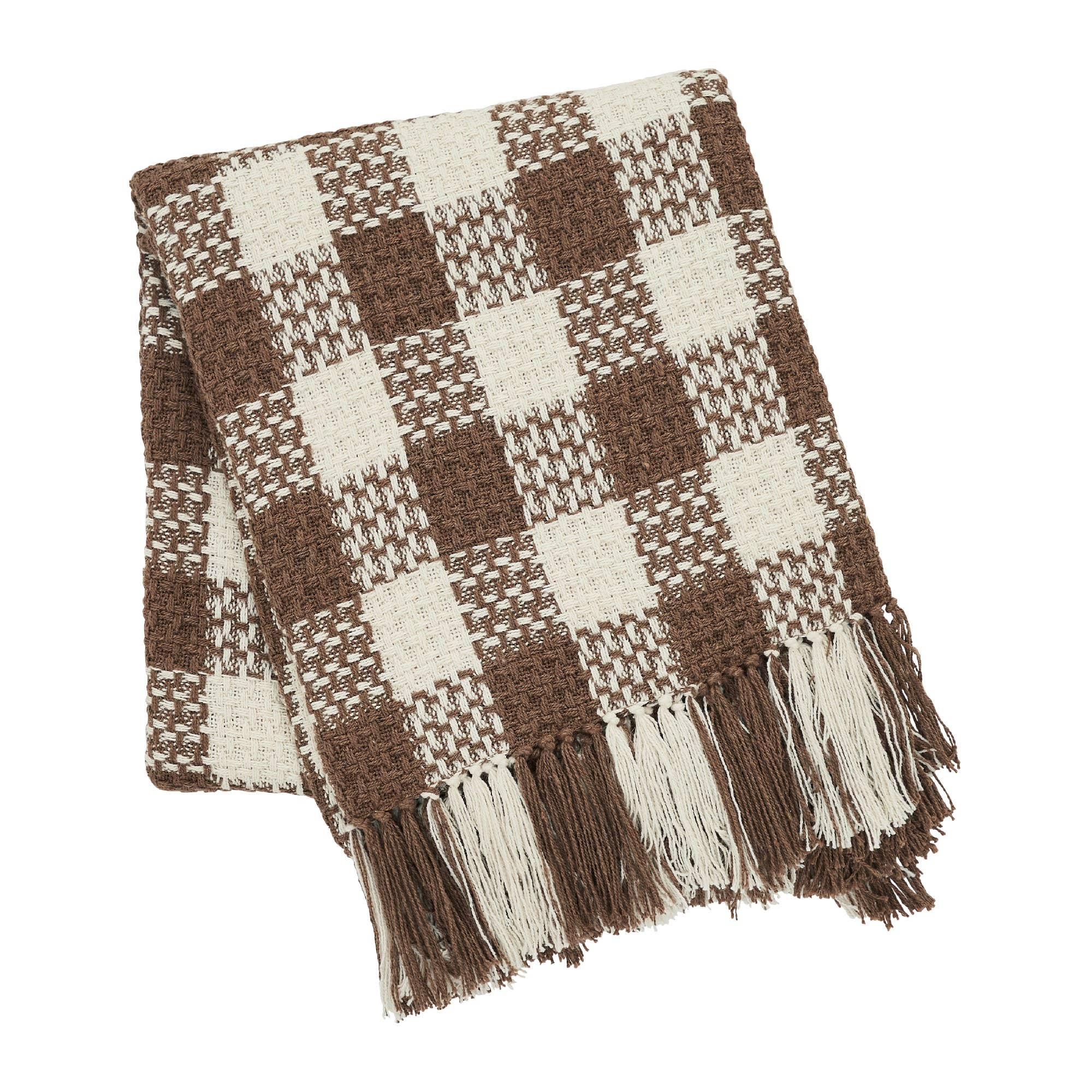 NEW — Cocoa Brown Woven Check Throw Blanket with Fringe – 50x60