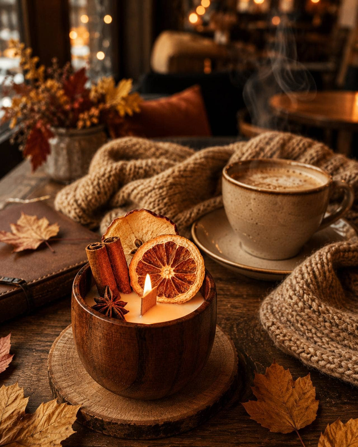 Cozy Spiced Candle ~ Pumpkin Spice or Cinnamon Leaf Scents  3 x 3 x 2.5 in~Adorable!🍂🍎🍂🍎🎃