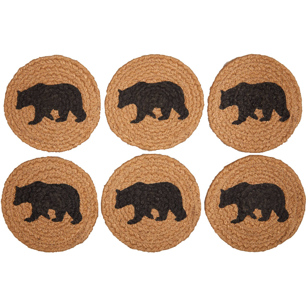 Wyatt Stenciled Bear Jute Coaster Set – Rustic Cabin Coasters (Set of 6) 🐻