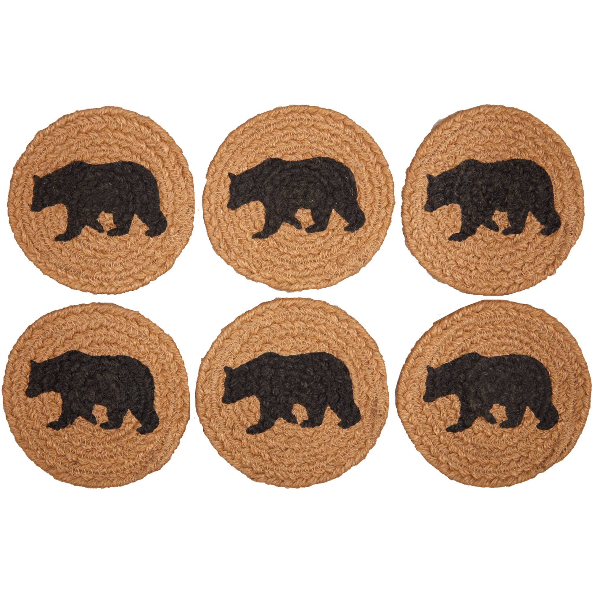 Wyatt Stenciled Bear Jute Coaster Set – Rustic Cabin Coasters (Set of 6) 🐻