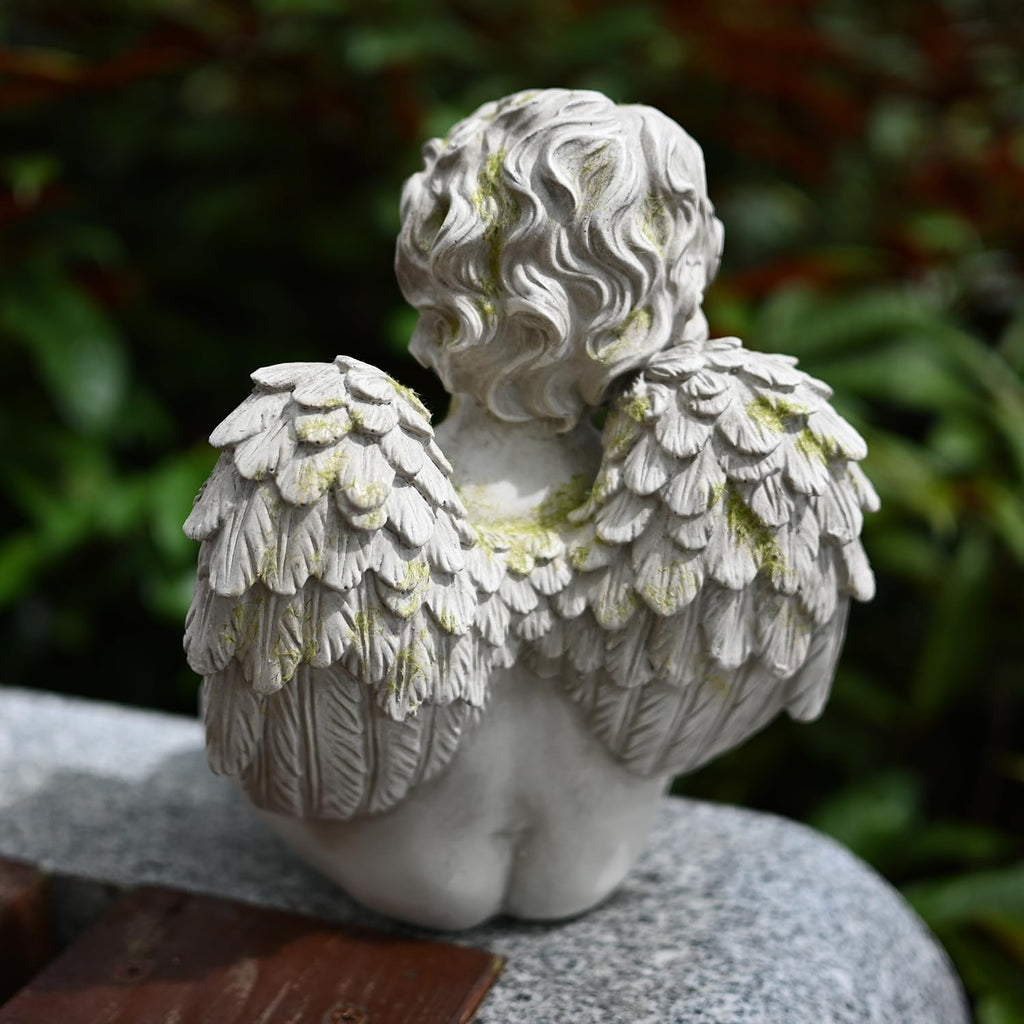 NEW ITEM - Guardian Angel Cherub Garden Statue with Bird Feeder – Stone Grey with Moss 8"🐦