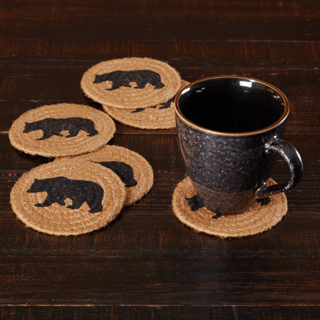Wyatt Stenciled Bear Jute Coaster Set – Rustic Cabin Coasters (Set of 6) 🐻