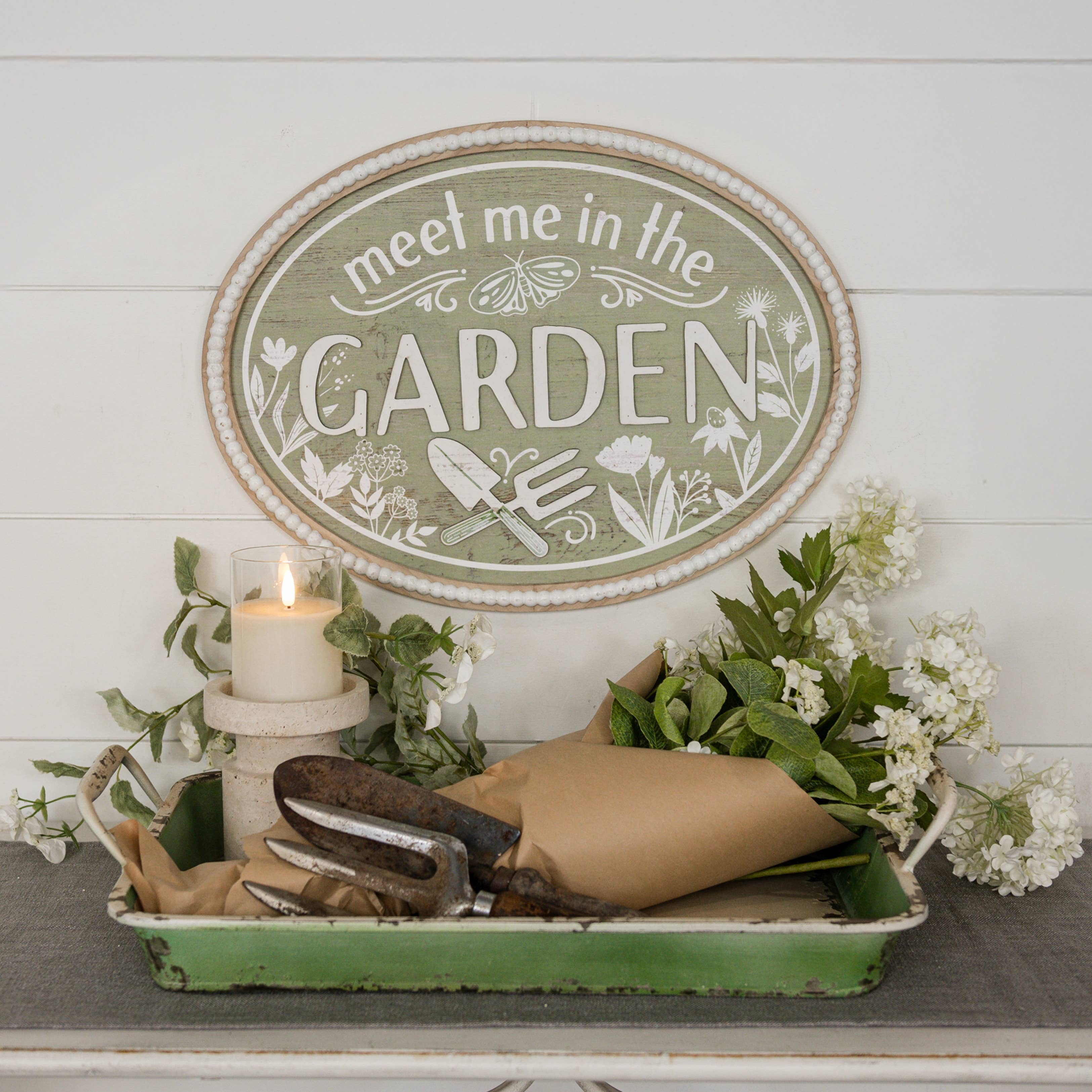 Meet Me in the Garden Oval Wood Sign – Rustic Spring Wall Décor