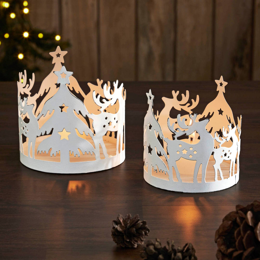 Winter Reindeer White Metal Candle Holder Set of 2 - ❄️🌲❄️