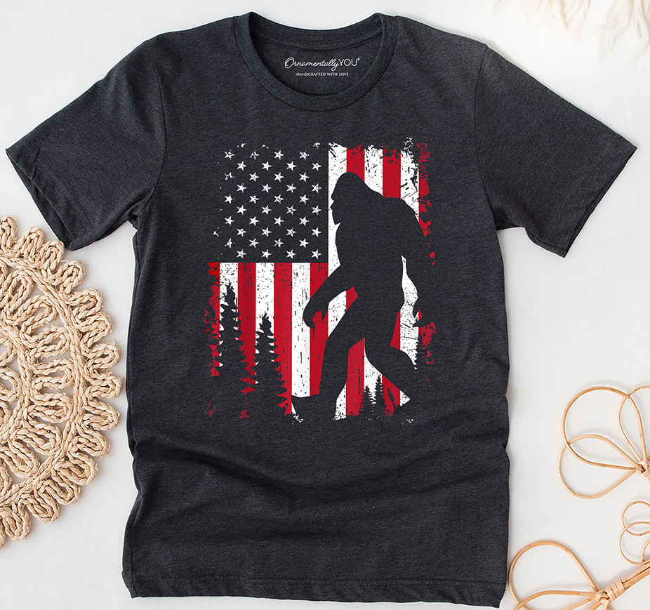 Patriotic Bigfoot Tee – Rustic USA Flag Sasquatch Shirt- Adult - Unisex