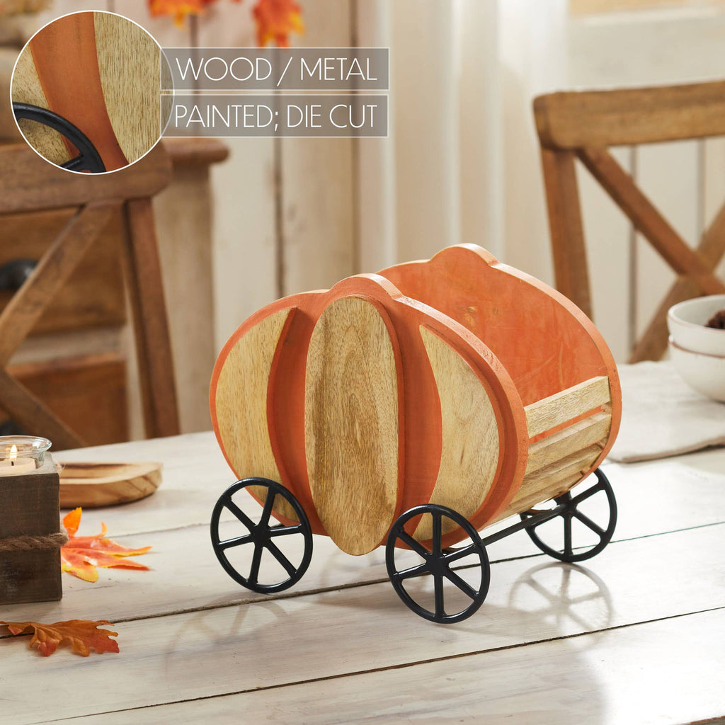 Cottage‑Core Wooden Pumpkin Carriage with Iron Wheels – Farmhouse Fall  Décor 11" 🍂
