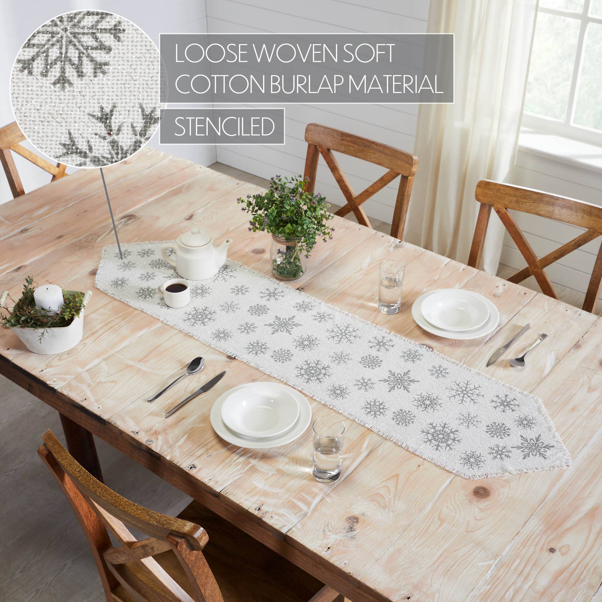 Yuletide Burlap Antique White Snowflake Runner – Elegant Winter Table Runner 12x60
