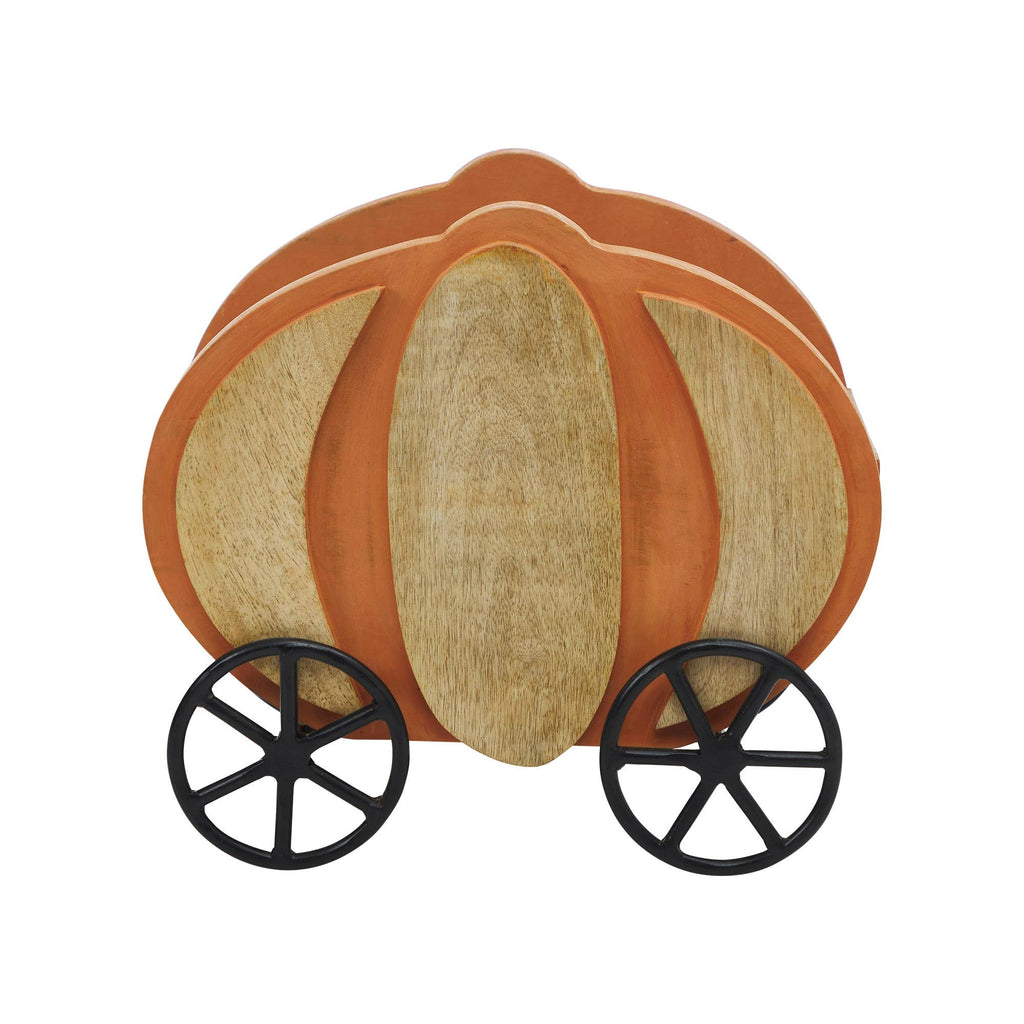 Cottage‑Core Wooden Pumpkin Carriage with Iron Wheels – Farmhouse Fall  Décor 11" 🍂