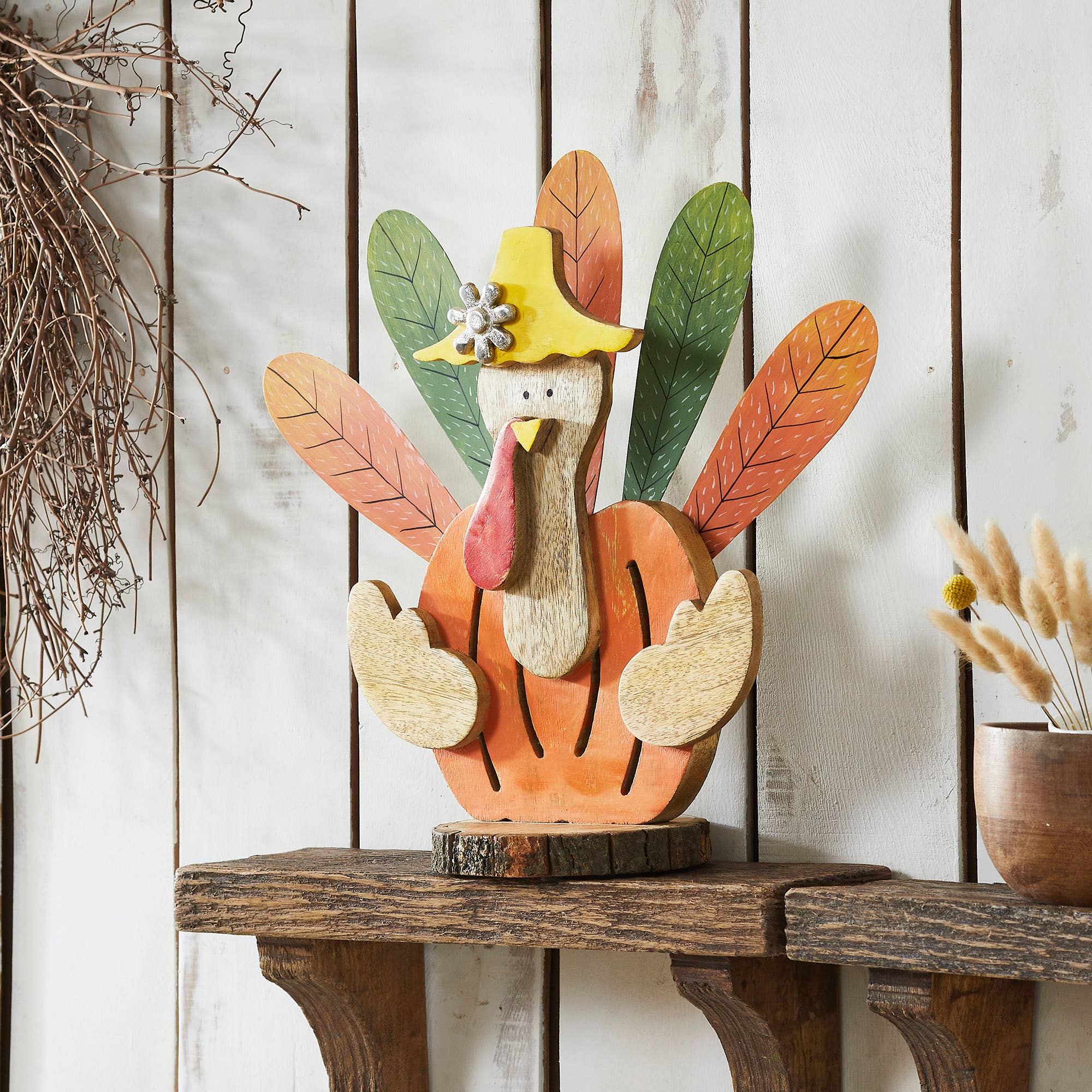 Whimsical Rustic Wooden Turkey Figurine – Fall & Thanksgiving Tabletop Decor🦃