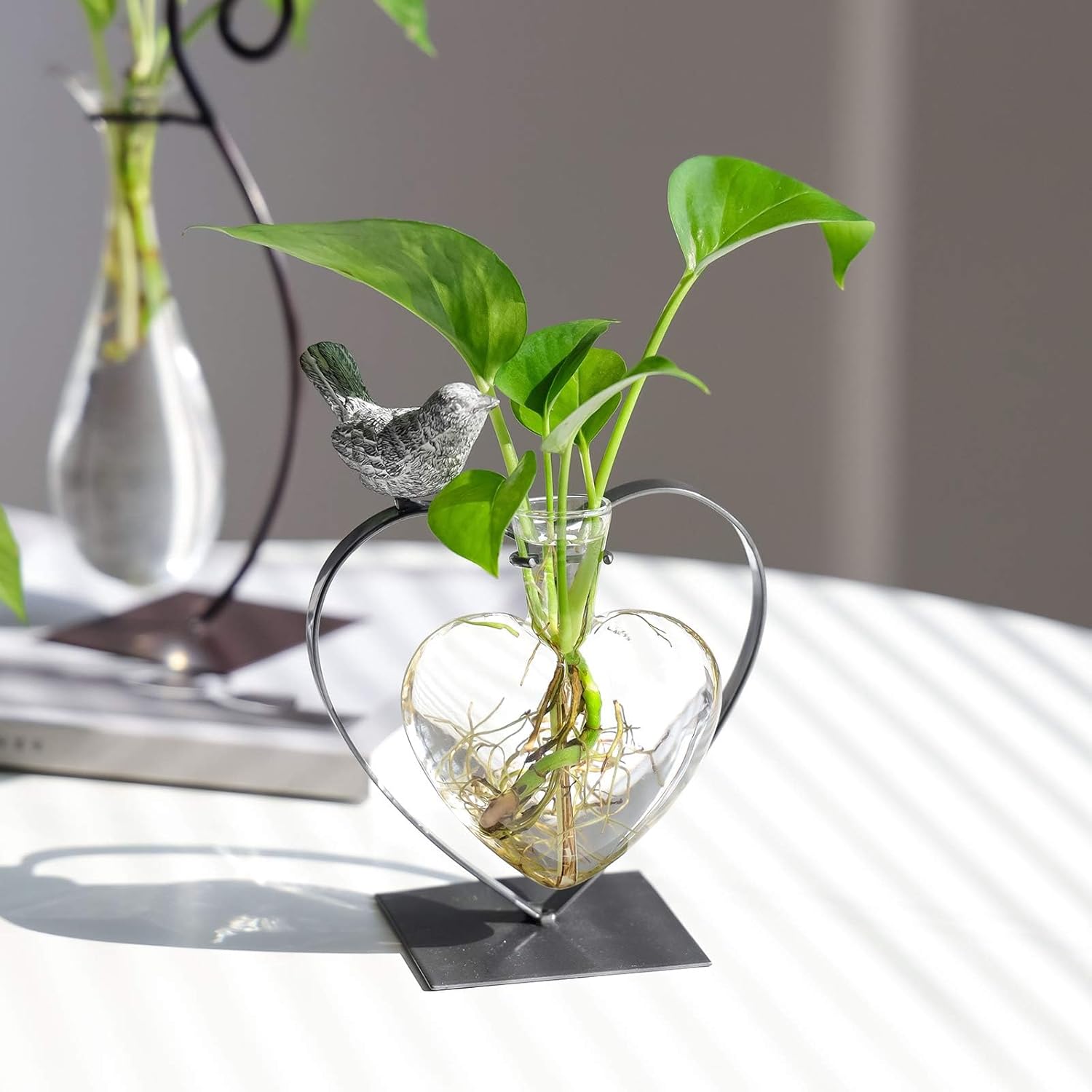 BACK IN STOCK - Heart‑Shaped Glass Vase with Bird Stand – Desktop Plant Terrarium🌻