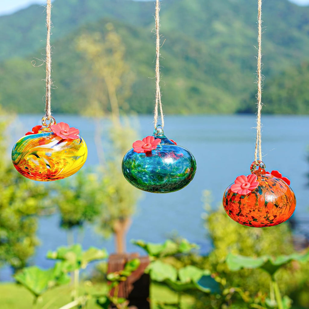 NEW ITEM - Set of 3 Blown Glass Hummingbird Feeders – Colorful Mini Garden Hanging Orbs
